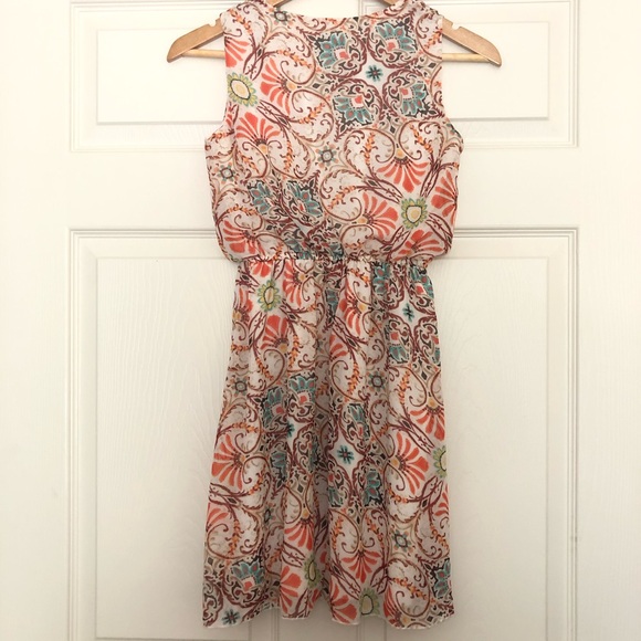 SWEET STORM Fit Flare Mini Dress Floral Ruffle V Neck Orange Cream Size Small - Picture 4 of 12